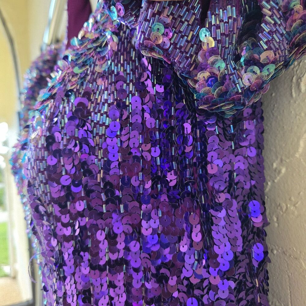 RARE CACHE Vtg 80s Purple Silk Sequin Gown Dress 10 Pageant Dynasty Angel Winged - Picture 13 of 16